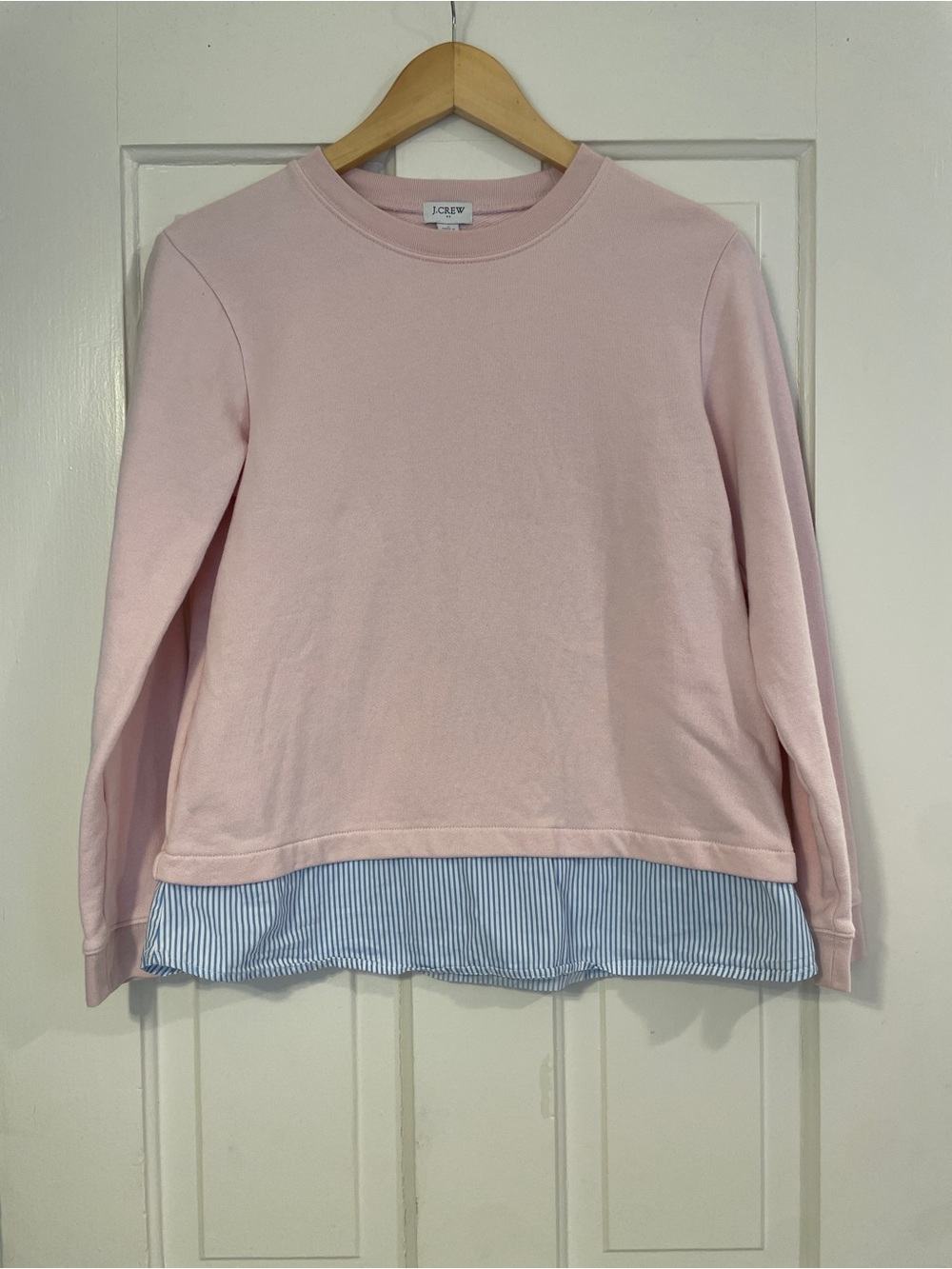 J.Crew Mixed Media Layered Sweatshirt Pink with Blue & White Striped Hem Sz S